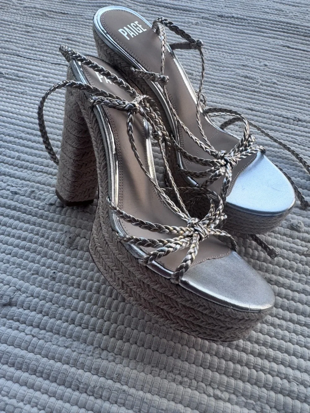 PAIGE Metallic Lace-Up Platform Heels Rope Espadrille Silver Size 10